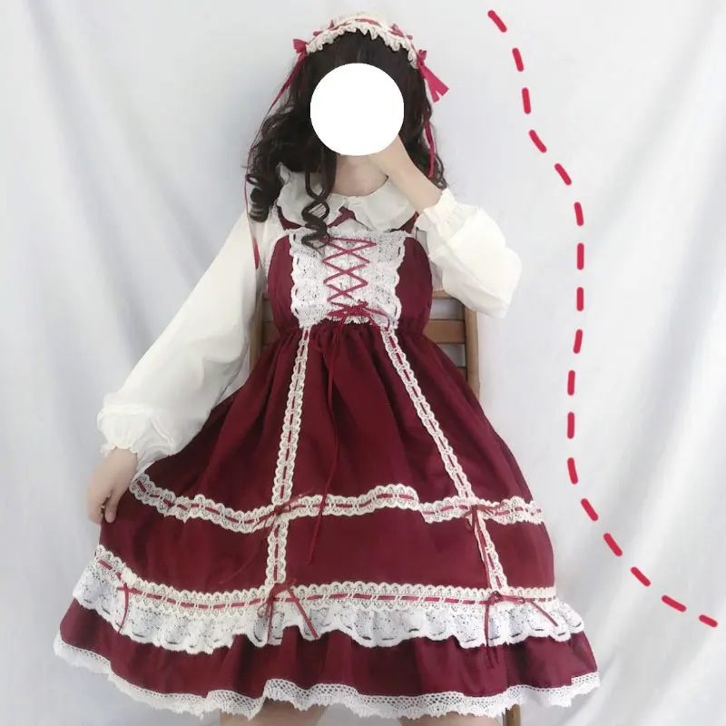 Женское винтажное платье в стиле милой японской Лолиты красного цвета с кружевом
