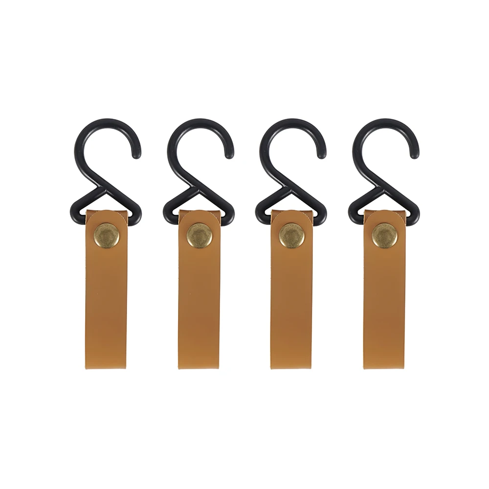 

4Pcs PU Hook Nylon Anti-Wear Tear Resistant Hanger Brown Outdoor Portable Hanging Rack Bag Hook Cookware with Metal Button