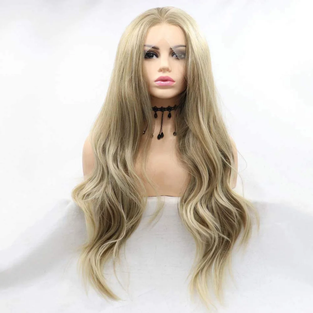 

long gray brown wavy wig mixed blonde highlight gold synthetic lace front wigs piano color wavy with heat resistant fiber