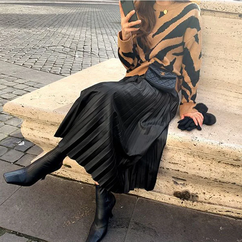 Женская Черная однотонная плиссированная юбка средней длины из искусственной