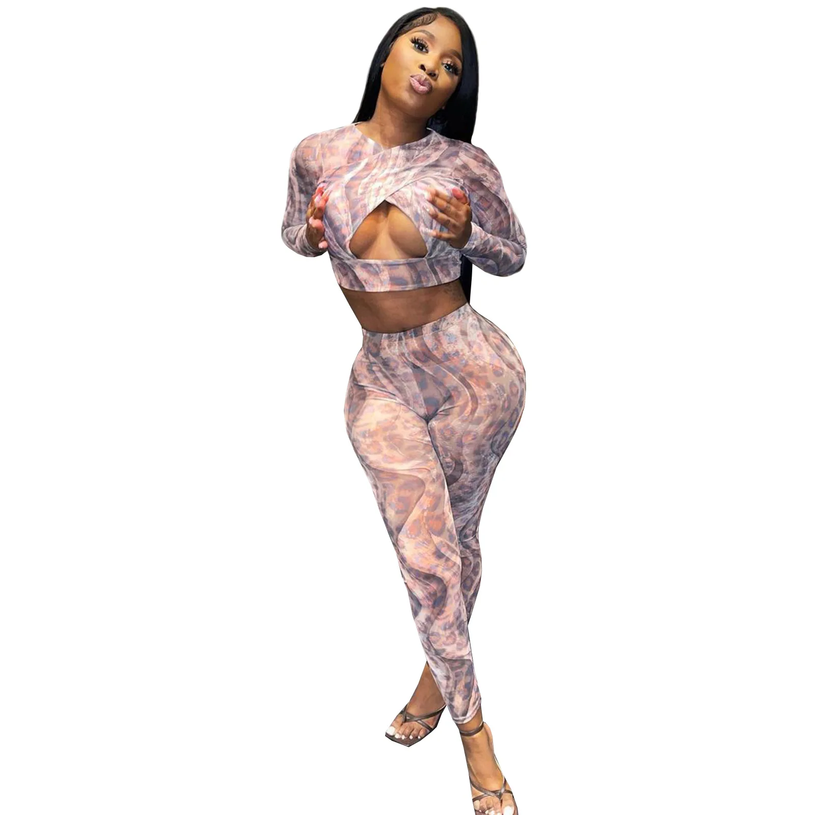 

2021 Autumn New Pure Color Temperament Sexy Print Hollow Long-sleeved Shirt Suit Suitable for Fitness Sports Yoga Pencil Pants