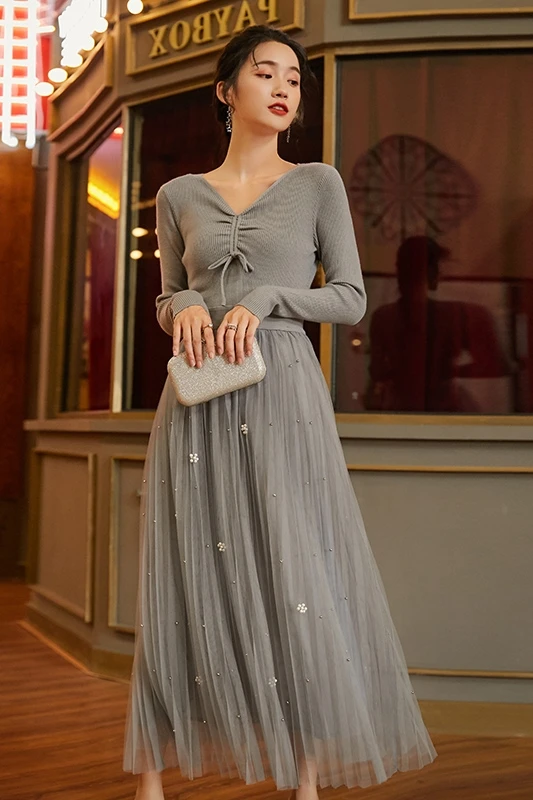 

Dress 2021 Autumn and Winter New French Retro Mesh Stitching Woolen Skirt Mid-Length Inner Wear Base Knitting Dress Female