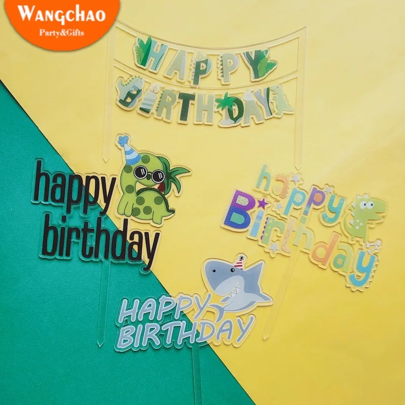 Acrylic Animal Theme Cartoon Dinosaur Shark Cake Toppers Happy Birthday Topper Baby Shower Kids Boy Party Supplies | Дом и сад