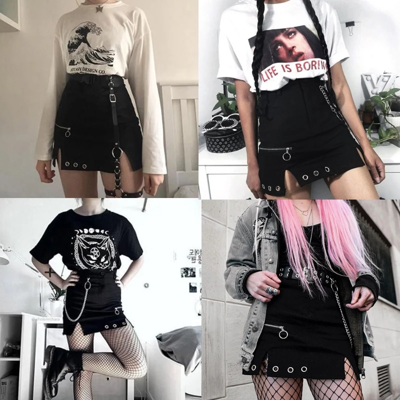 

67JF Women Gothic Punk High Waist A-Line Black Mini Skirt Zipper O-Ring Metal Chain Patchwork Split Hem Harajuku Party Slim with