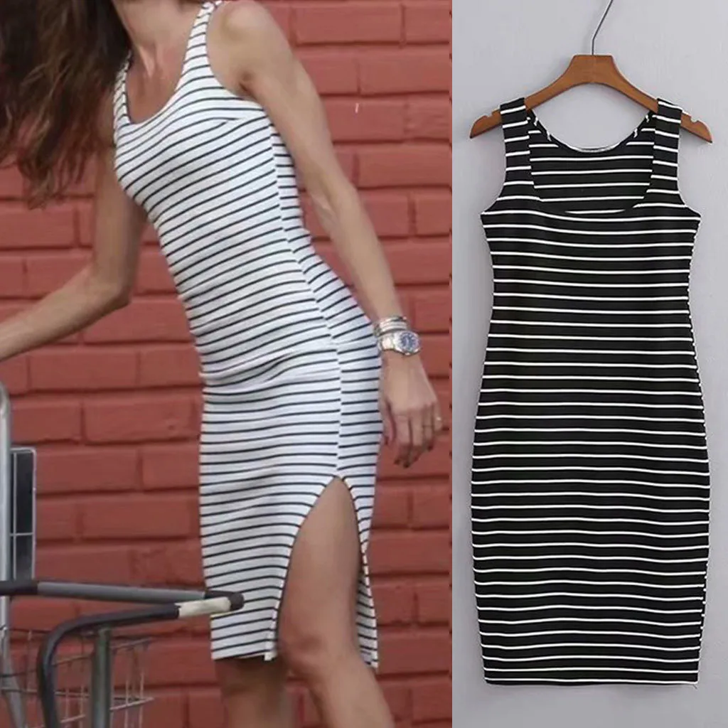 

New Casual summer dress Women Stripe Print O-Neck Split Sleeveless Tank Mini Dress vestido high quality robe