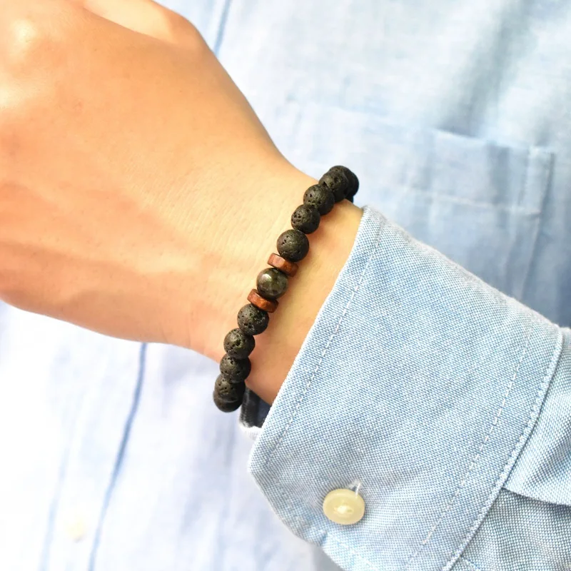 Ручной работы 8 мм черный Лава камень бусы браслет Мужчины натуральный Шарм с