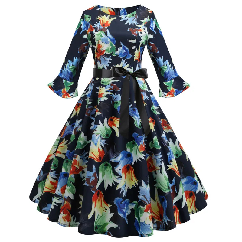 Floral Print Vintage Women Summer Dresses 2021 Robe Pinup Swing Petal Sleeve O-Neck Rockabilly Party Dress A-Line Casual Vestido | Женская