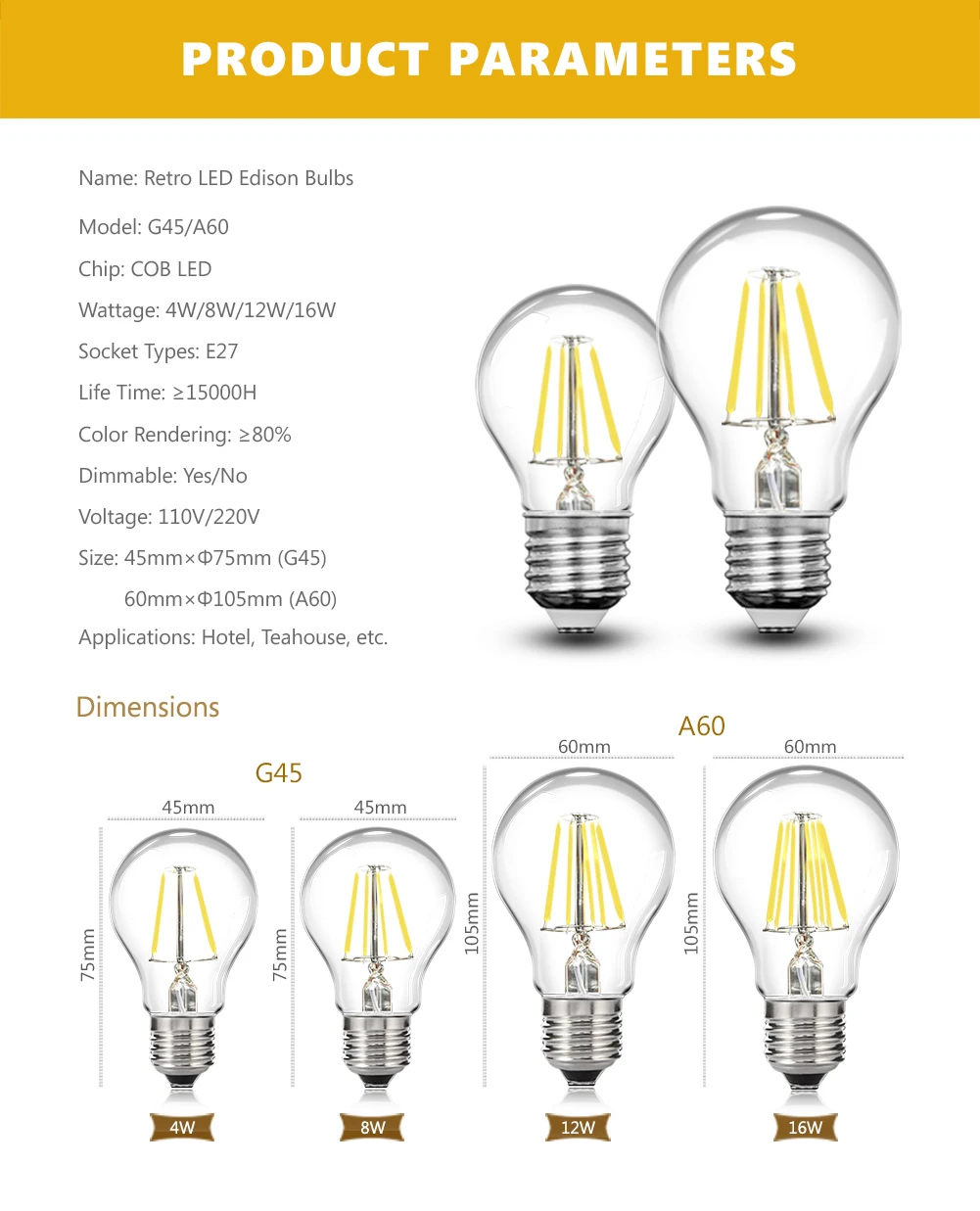 

TSLEEN 12X G45 A60 Edison Dimmable Bulb light bulb 16W 8W filament led bulb E27 E26 glass indoor lighting AC220V 110V retro lamp