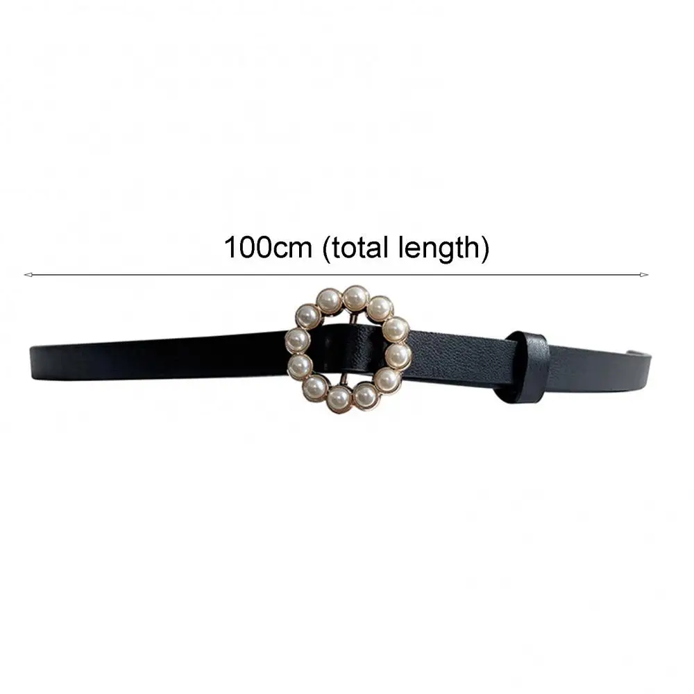 

Thin Waistband Dress Matching Faux Leather Fake Pearl Round Buckle Women Waist Belt for Date