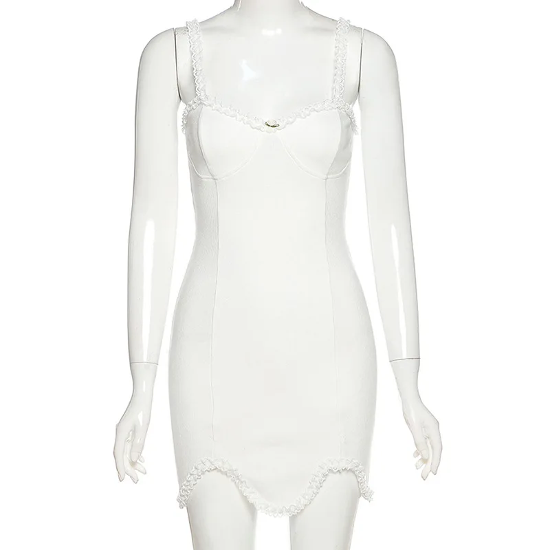 

Sexy Bodycon Summer Spaghetti Strap Mini Sundress 2021 White Lace Edge Sling Sleeveless Backless Dress Women Fashion Streetwear