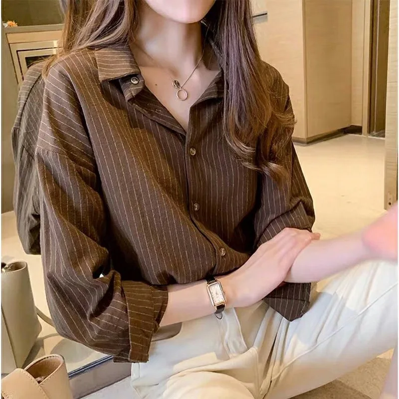

Women Blouses Turn-down Collar Spring Shirts Striped Casual Long Sleeve ong Kong Style Oversize Layered Bottoming Shirt Clothes