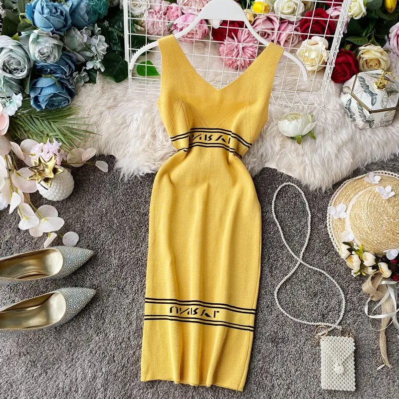 Женское трикотажное платье на бретельках LUOSHA обтягивающее свитер с v образным