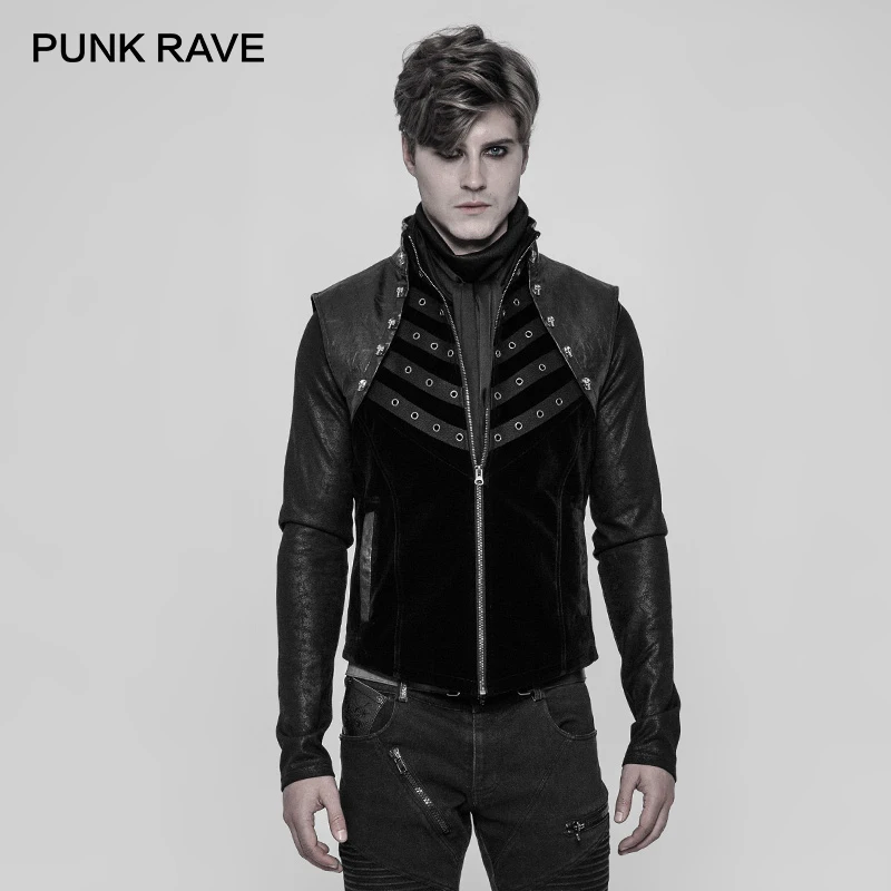 Мужской жилет в стиле панк рок с металлической вставкой из ПУ кожи|Мужские жилеты