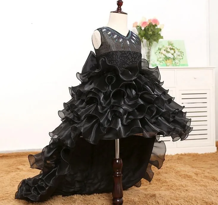 Шлейф для девочек, чёрное платье пачка с v-образным вырезом, платье подружки невесты с цветочным узором для девочек фатиновое бальное платье, Детские вечерние платья на Хэллоуин