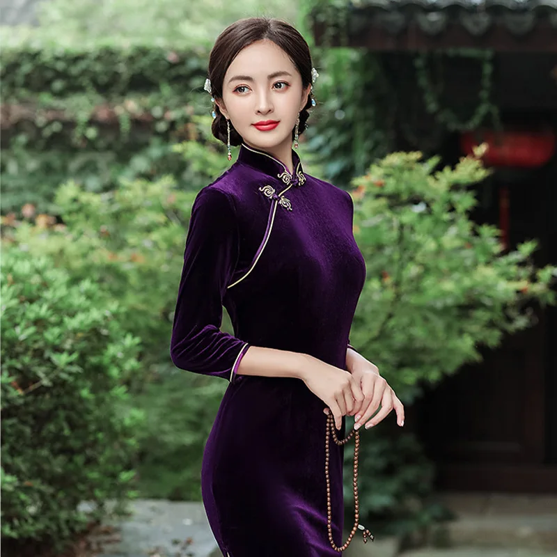 Традиционное китайское платье элегантное женское Ципао на осень и зиму