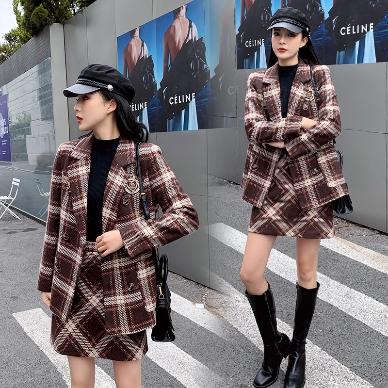 

Женский костюм, новинка осень-зима 2021, модное клетчатое шерстяное пальто в стиле ретро, женский костюм с короткой юбкой, костюм из двух предм...