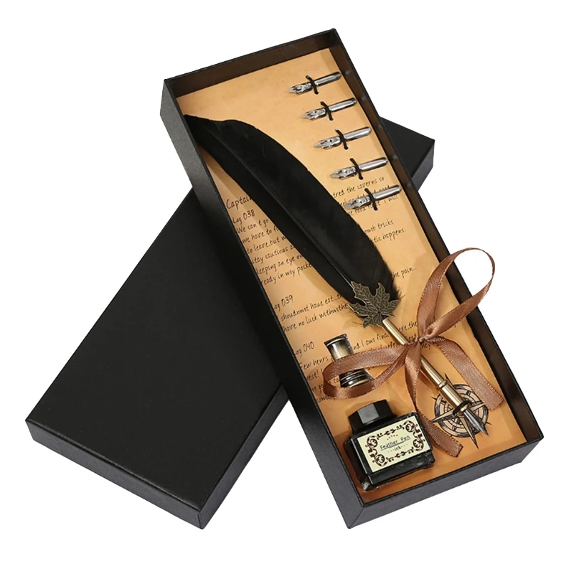 

Calligraphy Feather Pen 10 Colors Elegant Feather Quill Pen with Ink Bottle Gift U4LD