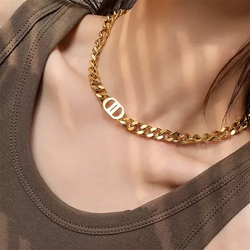 

Titanium Steel Double D Pendant Necklace For Women Punk Gold Thick Cuban Chain Choker Jewelry All-match Best Gift