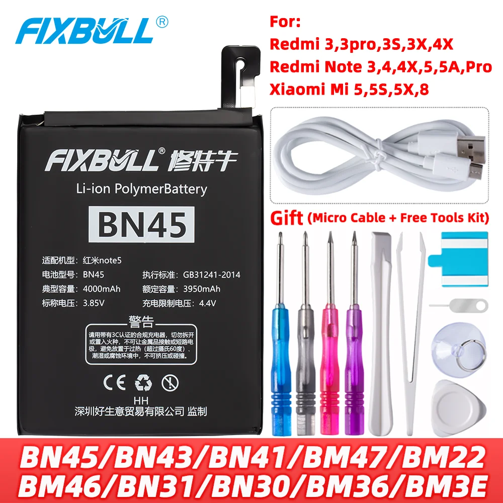 Аккумулятор FIXBULL BN45 BN43 BM47 BM22 BM46 BN31 BM 47 46 22 для Xiaomi Mi 5S 5 5X 8 Redmi 3 Pro 3S 3X 4X 4A 3pro Note 3 4 4X 5 5A