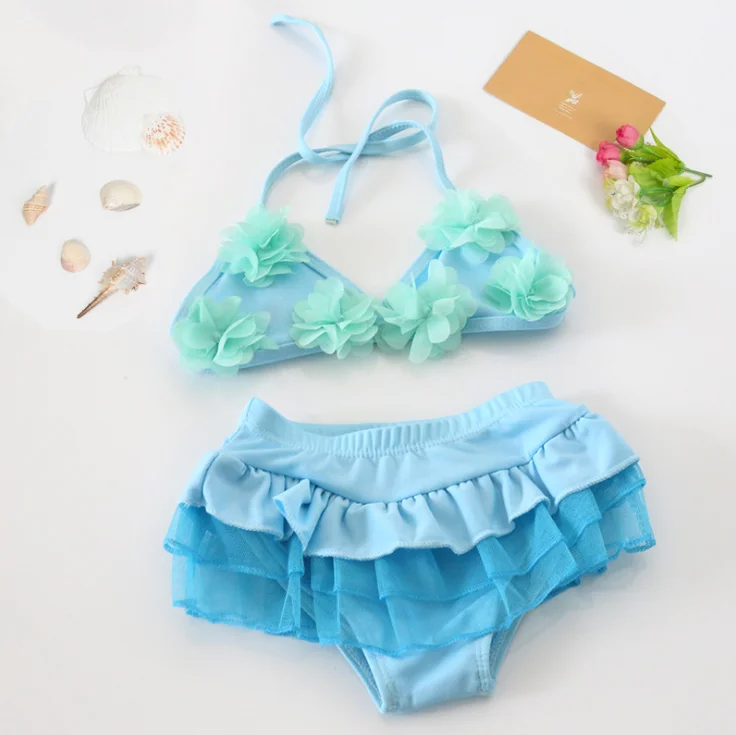 blue Swimwear Летний купальник для девочек, однотонные детские купальные костюмы, biquini infantil, купальники, falbala, купальник-бикини для девочек - Цвет: blue Swimwear