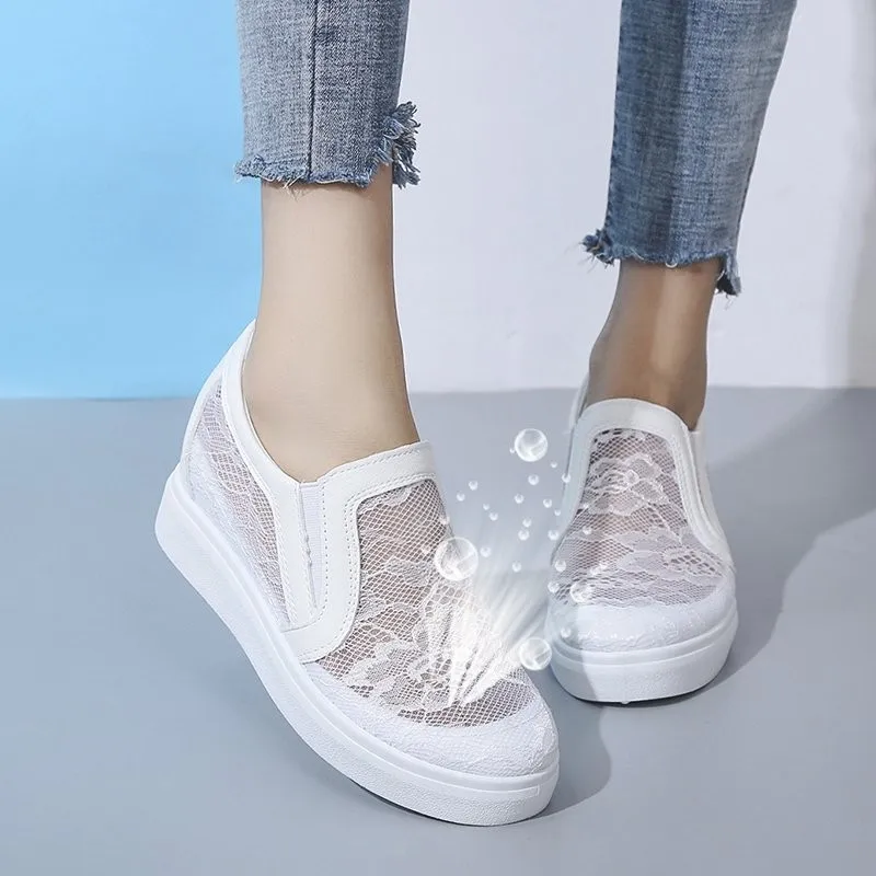 2021 White Women Shoes Summer Mesh Lace Women Casual Shoes Sneakers Breathable Hollow Flat Loafers Slip-On Height Increase Shoes