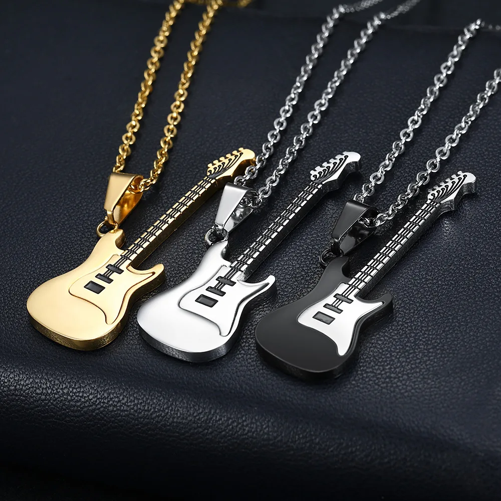 1pcs Trendy Leather Chain Guitar Necklace For Men Punk Rock Music Jewelry Gift Stainless Steel Pendant Wholesale | Украшения и