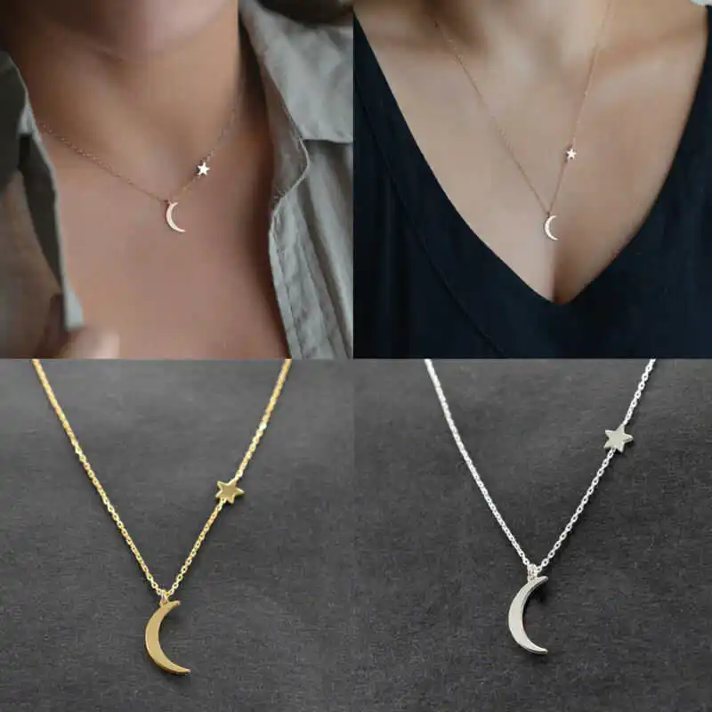

Necklace Pendant Moon Simple Women's Star Chain Jewelry Choker Silver Color Long