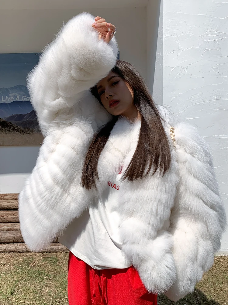 Fashion White Real Fox Fur Coat Stand Collar Winter New Whole Skin Genuine Fox Fur Jacket Luxury Woman Thick Warm Fur Overcoats