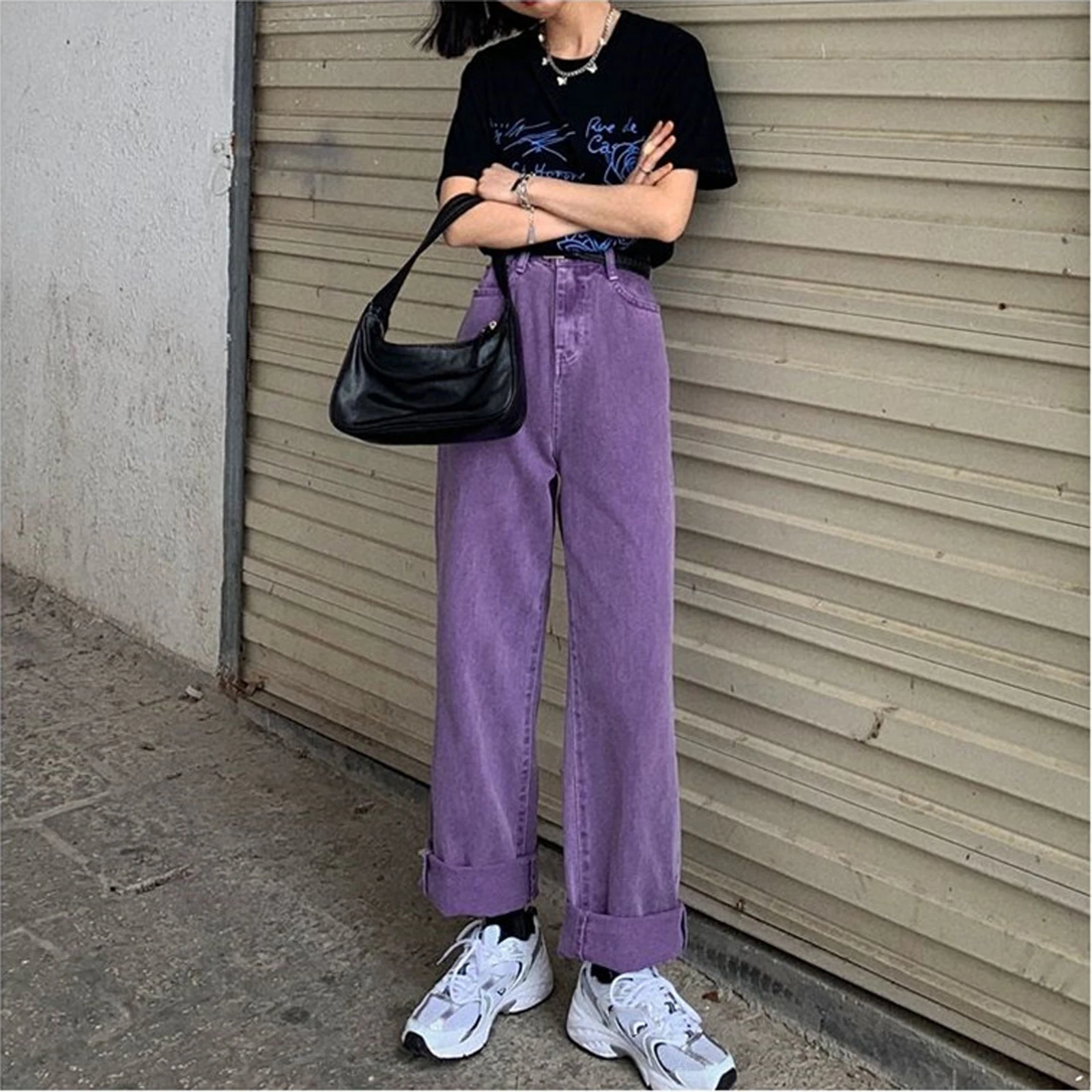 

ICCLEK 2021 New Women's Denim Jeans European American Style Retro Purple Pocket High Waist Loose Oversized Long Wide Leg Pants