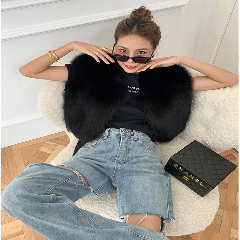 Fox Fur Vest 2021 New Style Young Women's Vests Black Winter Jacket Waistcoat Fur Sleeveless Gilet Autumn Winter Clothes Women