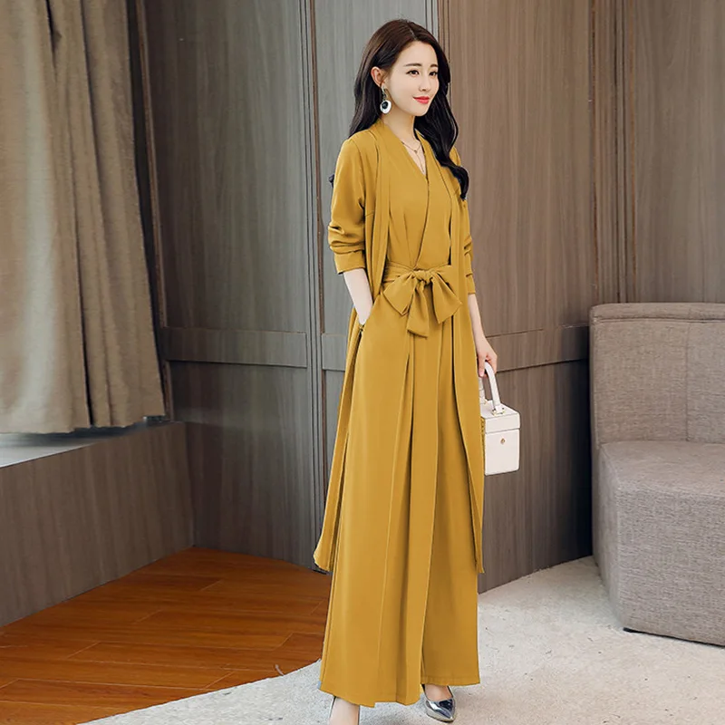 

Elegant Women Belted Wide Leg Pants Jumpsuit Suit Office Party Long Coat Work Outfits Ladies Loose Fit Rompers Sets Conjunto
