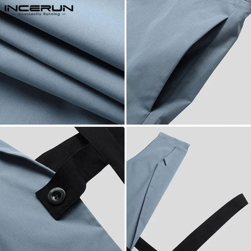 

INCERUN Patchwork Causal Pants Jumpsuits 2021 Fashion Mens Sleeveless Button Rompers Stylish Zipper Pockets Bib Pants Plus Size