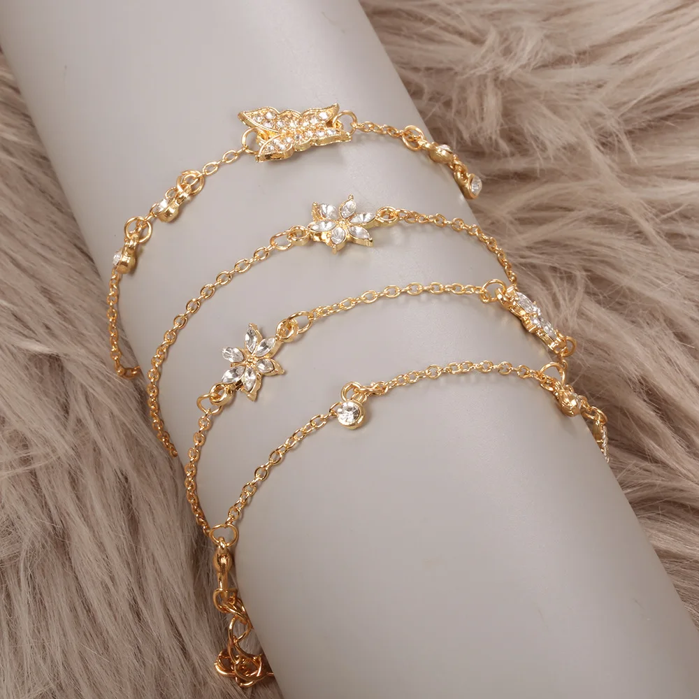 DIEZI 4pc/set Vintage Crystal Gold Chain Bracelet Sets Bracelets For Women Bohemian Statement Butterfly Flower Jewelry | Украшения и