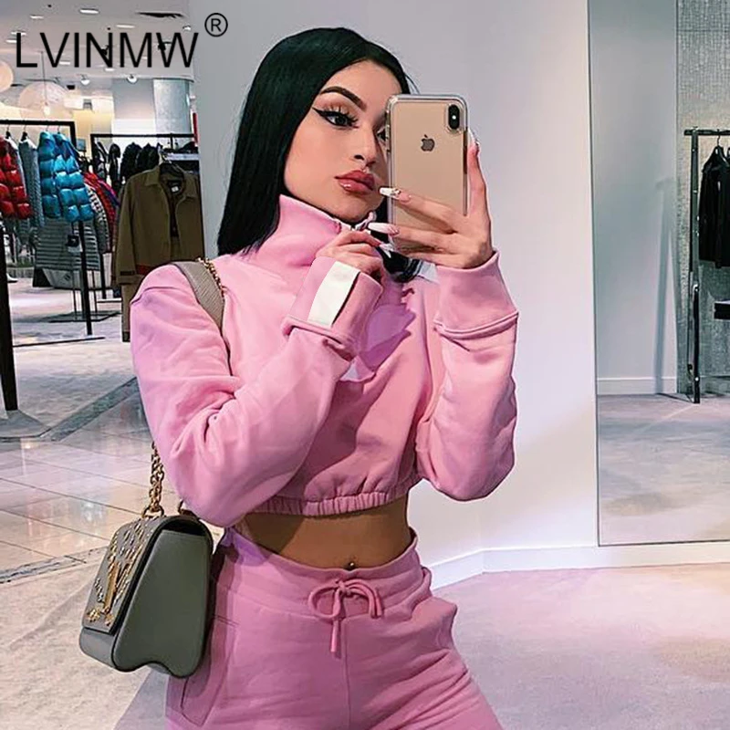 LVINMW Повседневный розовый тонкий комплект из двух предметов водолазка на молнии