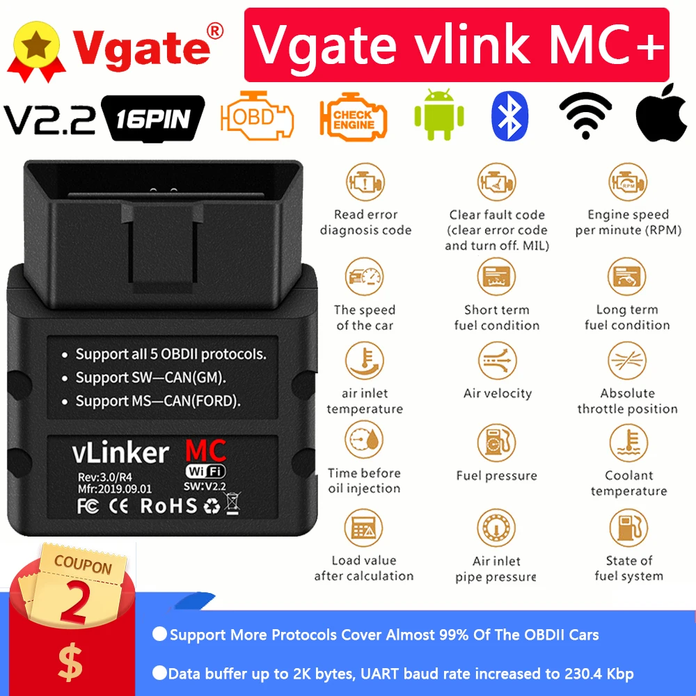 Vgate vLinker MC + ELM327 OBD 2 FORScan Bluetooth-совместимый OBD2 сканер WIFI для bпогружения IOS PK OBDLINK ELM 327 V