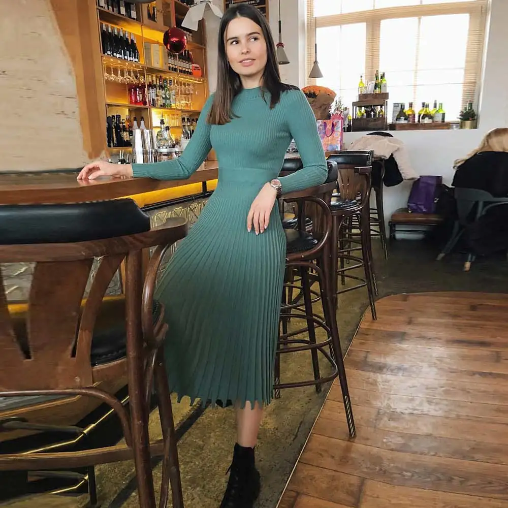 Julissa mo винтажное трикотажное платье-свитер женское розовое элегантное Плиссированное зимнее платье с длинным рукавом Женские вечерние рождественские платья - Цвет: Зеленый