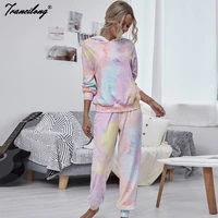 pullover lounge wear 2 piece set velvet hoodie tie dye tracksuit fitness women home pijama suit sweatpants outfits clothing 2020