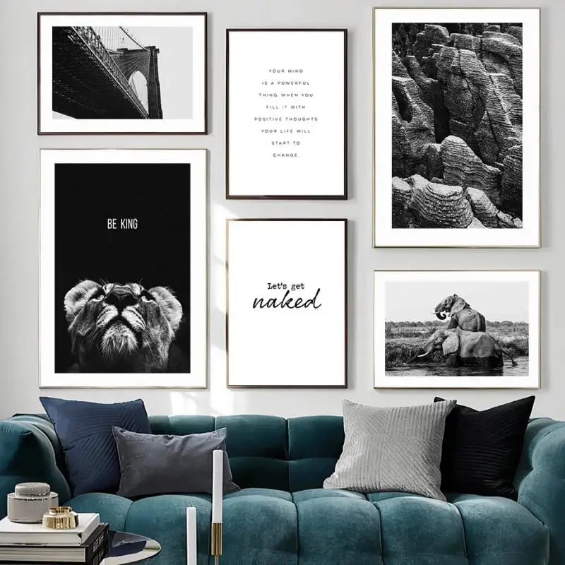 

Nordic Black White Poster Print Brooklyn Bridge Lion Elephant Rock Life Quote Wall Picture Canvas Painting Home Decor Wall Art