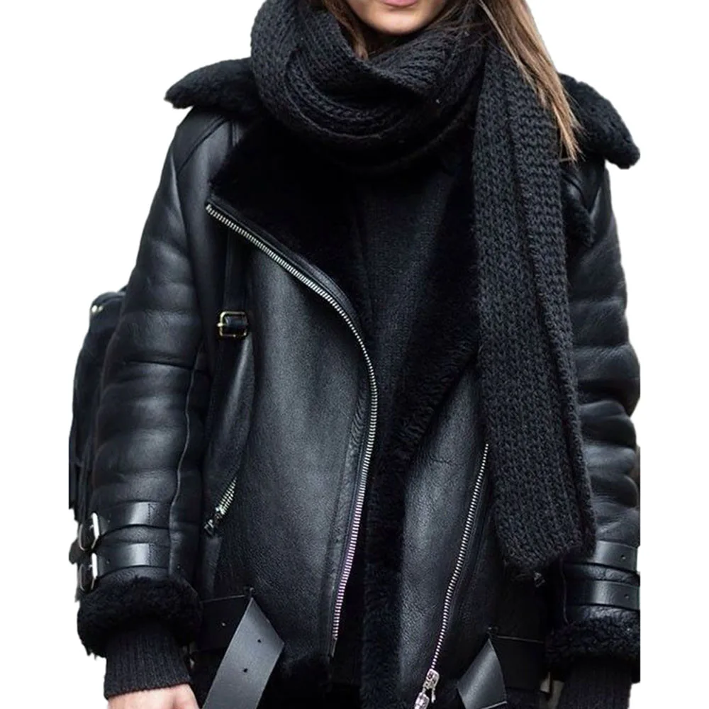 

Nice Europe America Fashion Short Plus Velvet PU Jacket Women's Autumn Winter Keep Warm Zipper Lapel Long Sleeve Casual