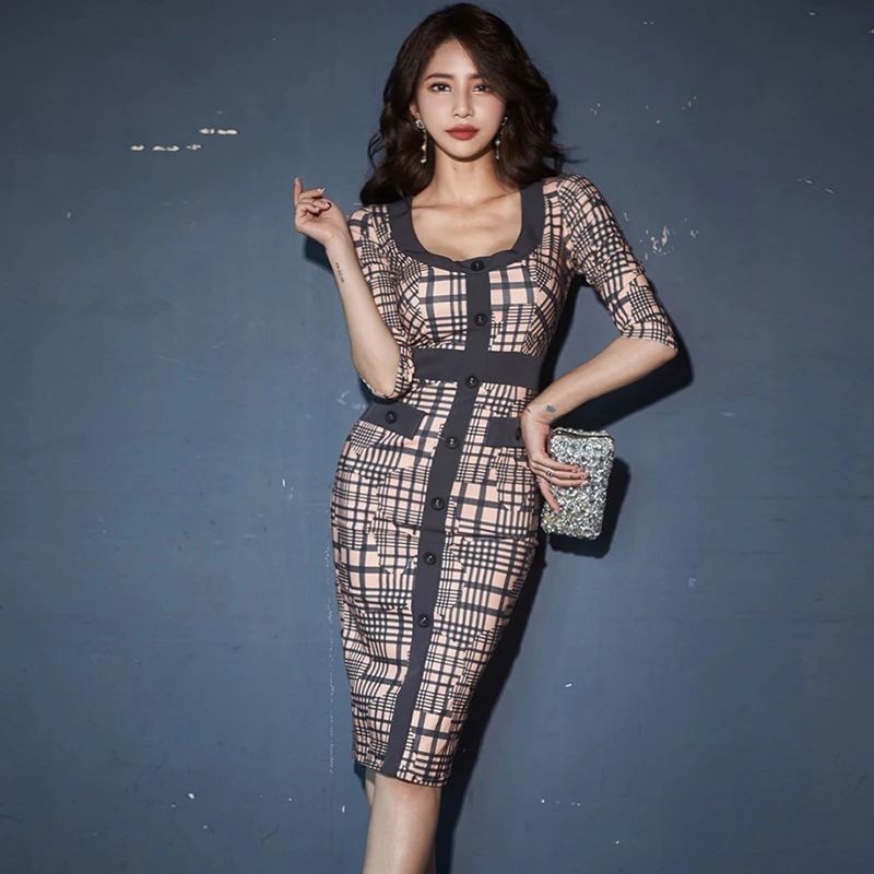 

new arrival fashion spring bodycon dress women temperament o-neck low-cut sexy single-breasted plaid slim midi pencil dress