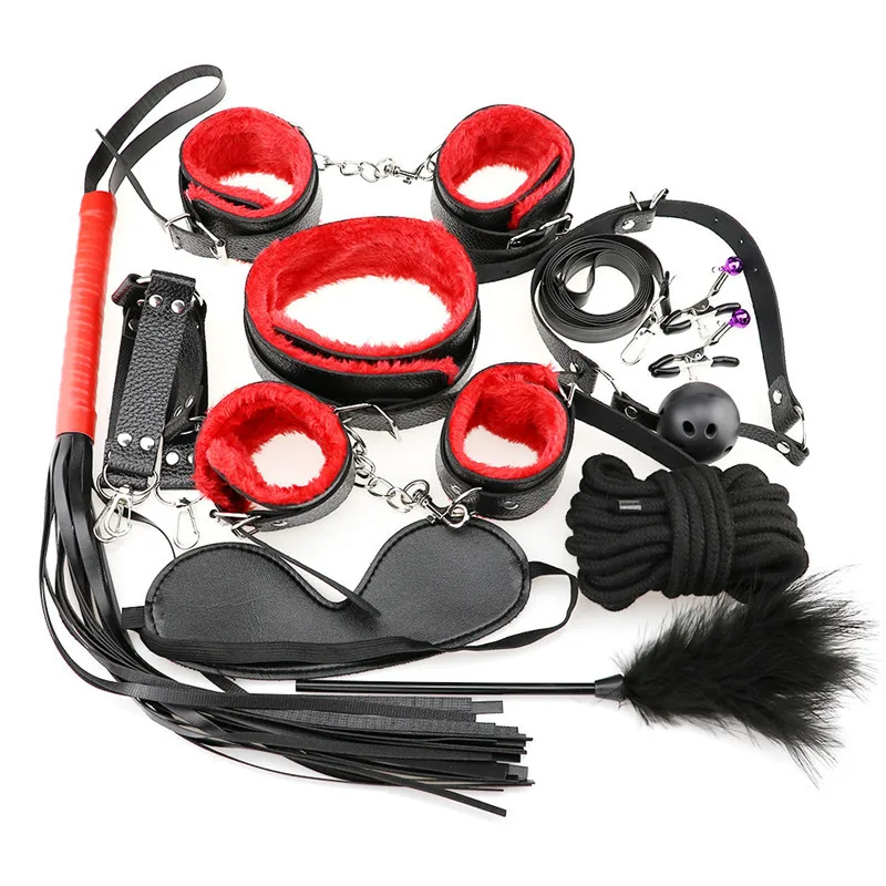 

Happy Sex with Your Wife Bondage Set Cotton Red BDSM Restraint Gear Leather Handcuffs Footcuffs Whip Collar for Adult Dropship
