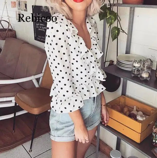 Женская рубашка в горошек свободные топы с V образным вырезом Женские