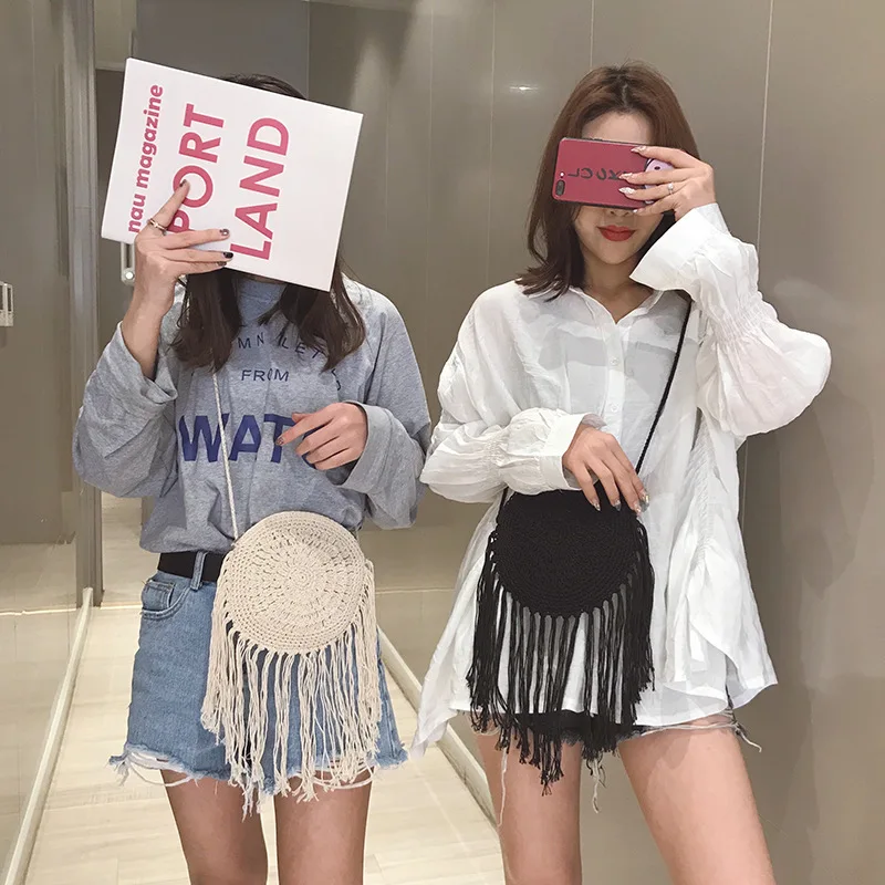 Круглая соломенная сумка с бахромой хлопковая Летняя Пляжная через плечо в стиле