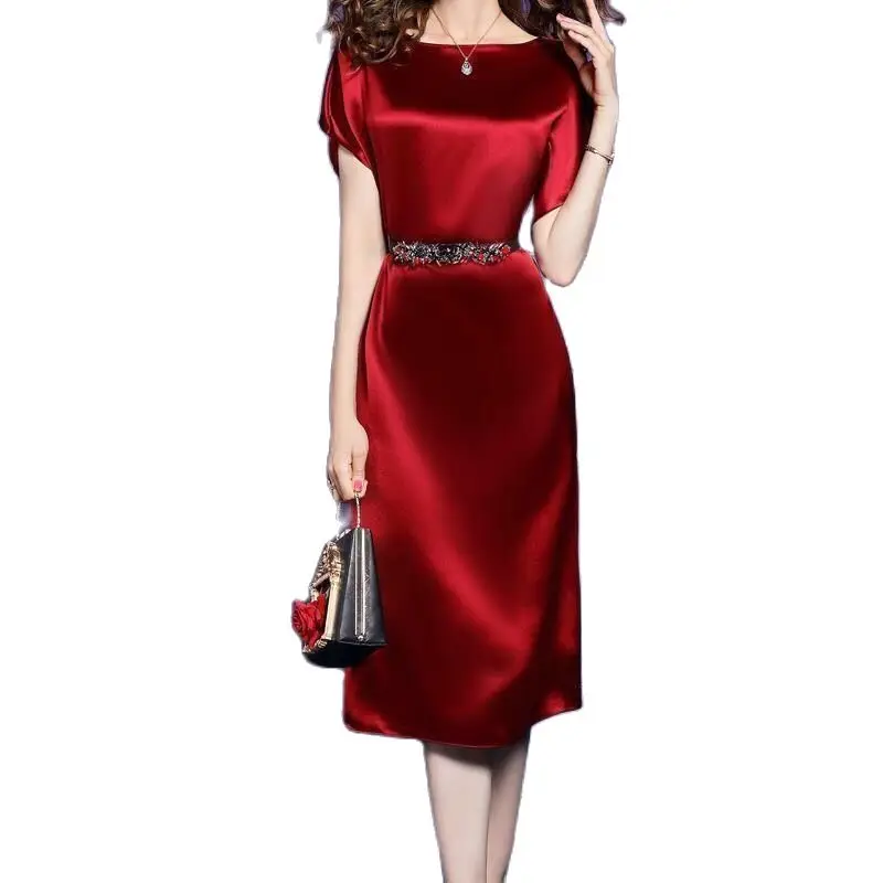 

Summer Short sleeve Spaghetti Strap Silk Long Dress Sexy Backless Elegant Green Satin Party Dress Woman belt Midi Dresses