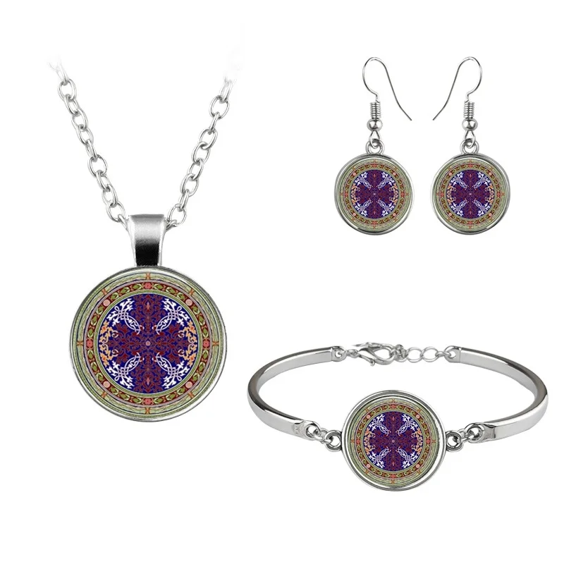 

Trendy Necklace Earrings Bracelet Jewelry Sets Mandala Flower Crystal Necklaces Round Glass Earring Art Picture Bracelets