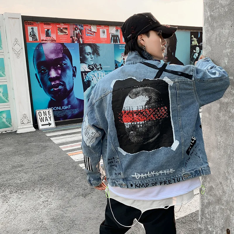

Fashion Brand Oversize Hip Hop Jacket Men's European and American Street Hiphop Printed Denim Clothing Fashion Spring and Autumn