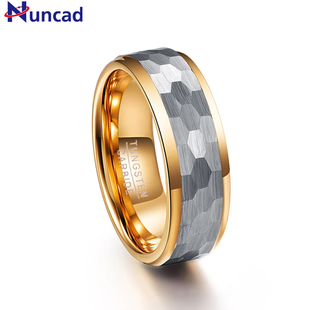 

NUNCAD Men's 8mm Width Tungsten Carbide Wedding Band Ring Hammered Finish Gold Plating Edge Tungsten Steel Ring Size 7 To 12