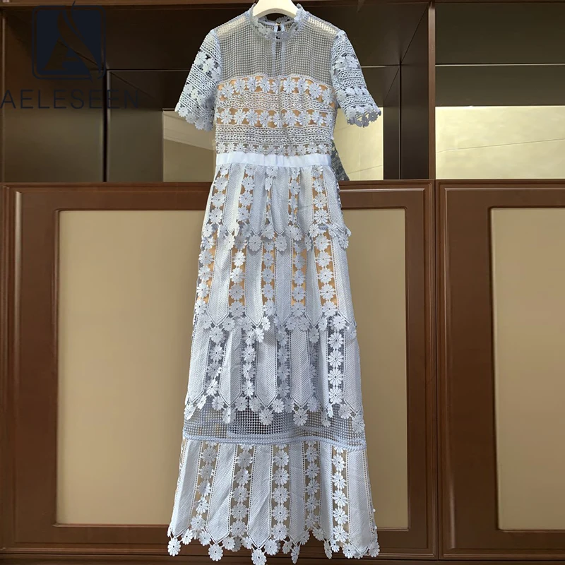 Модельное Кружевное платье макси 2020 высококачественное ажурное синее с