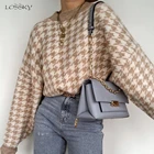 Lossky Женский вязаный свитер цвета хаки с геометрическим рисунком, Женский Повседневный пуловер с рисунком гусиные лапки, женский джемпер в стиле ретро на осень и зиму