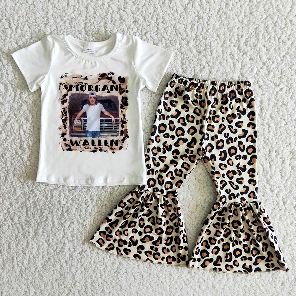 

Toddler Girl Spring Short Sleeve Outifts Kids High Quality Letters Printed Top Cows Leopard Bells Set
